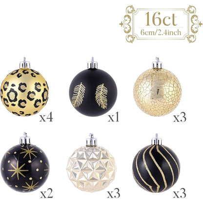 Weihnachtskugeln Schwarz Gold 16er Set 6cm Bruchfest mit Aufhänger