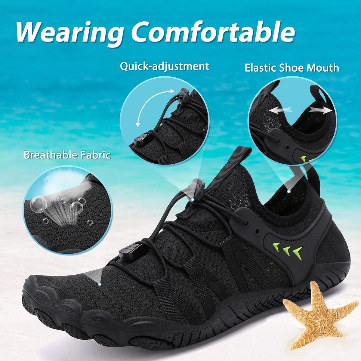 Aqua Schuhe Damen Herren Schnelltrocknend mit Drainagelöchern Schwarz
