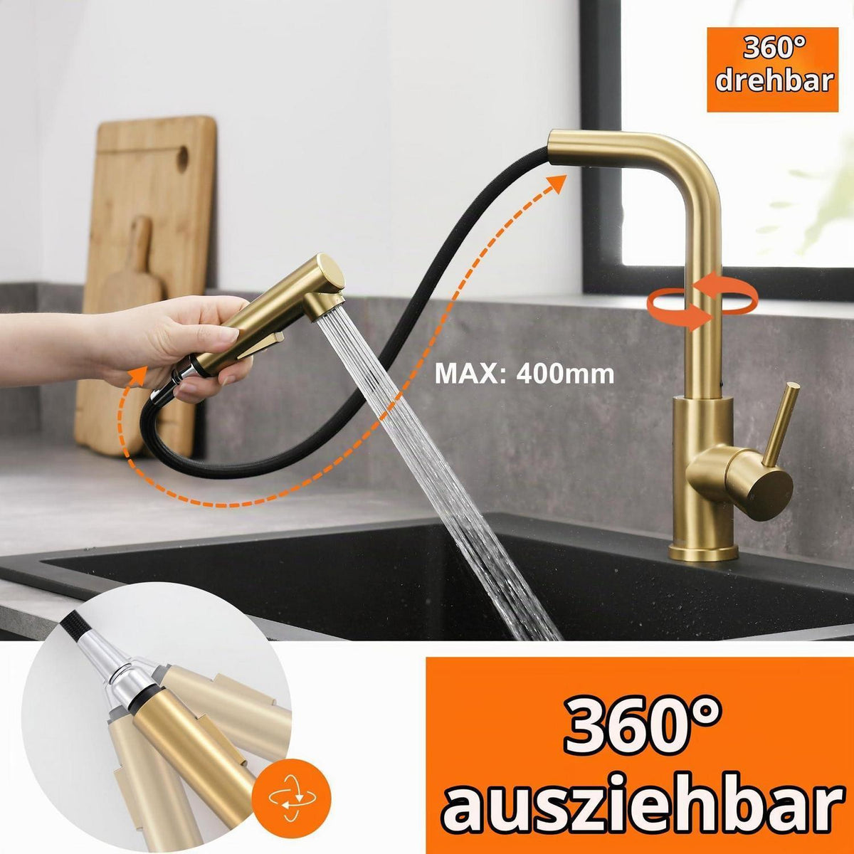 Niederdruck Küchenarmatur Ausziehbar Gold 3 Anschlüsse