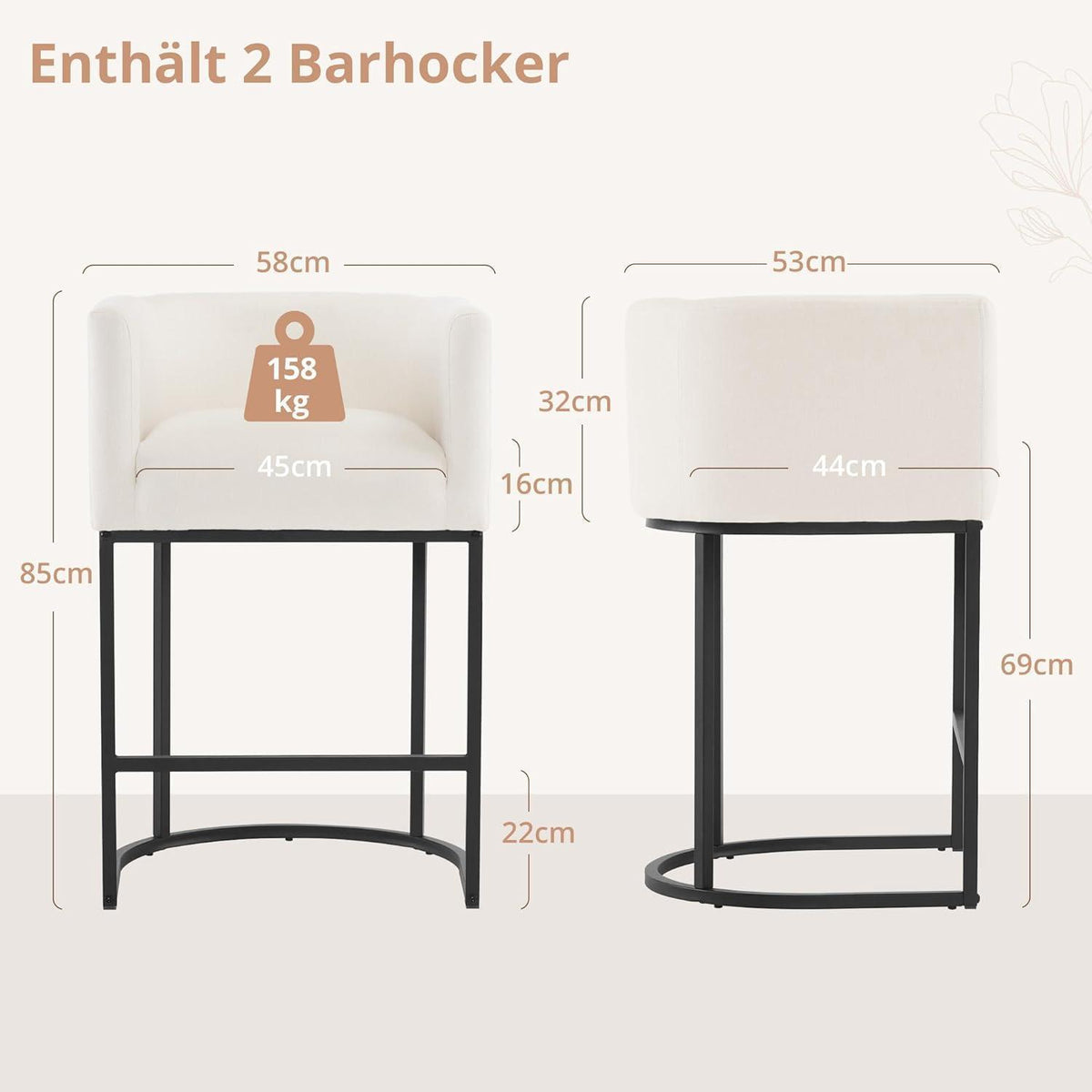 Barhocker Set 2er-Pack mit Lehne & Armlehnen – Weiß