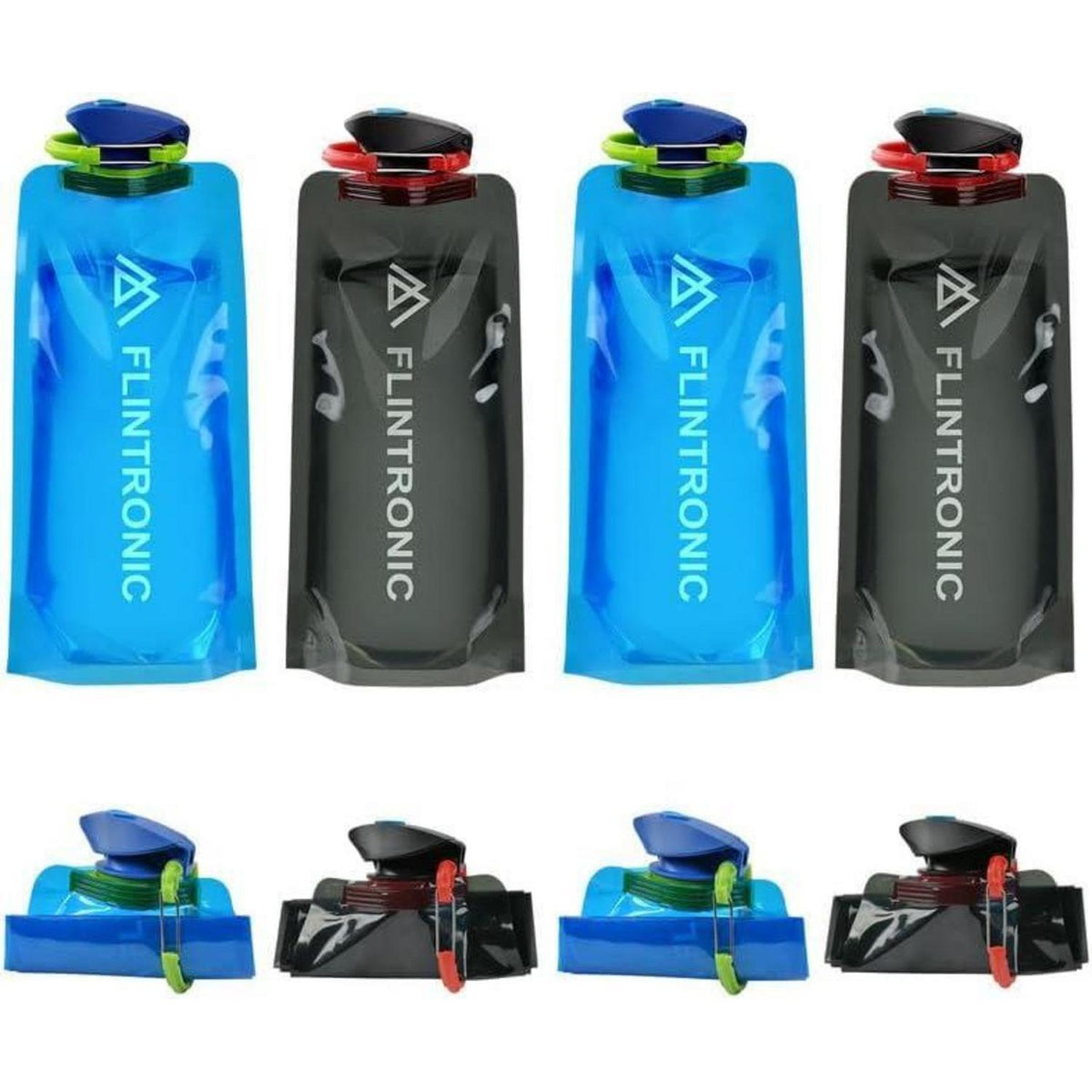 Faltbare Trinkflasche 700ML BPA-frei mit Clip für Outdoor (Schwarz+Blau) 4 Stück