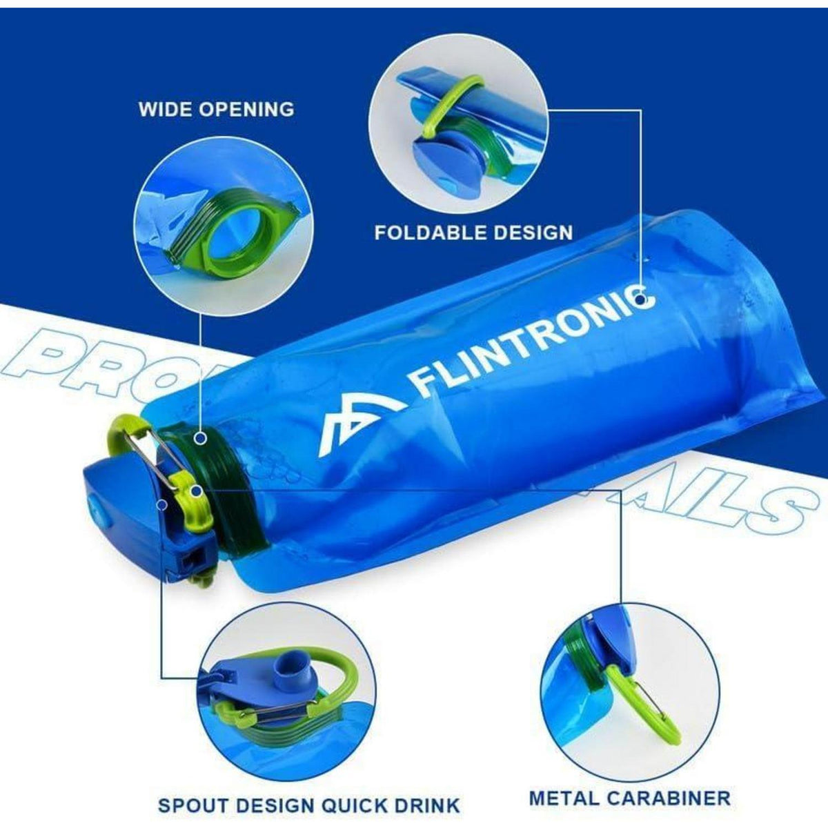 Faltbare Trinkflasche 700ML BPA-frei mit Clip für Outdoor (Schwarz+Blau) 4 Stück
