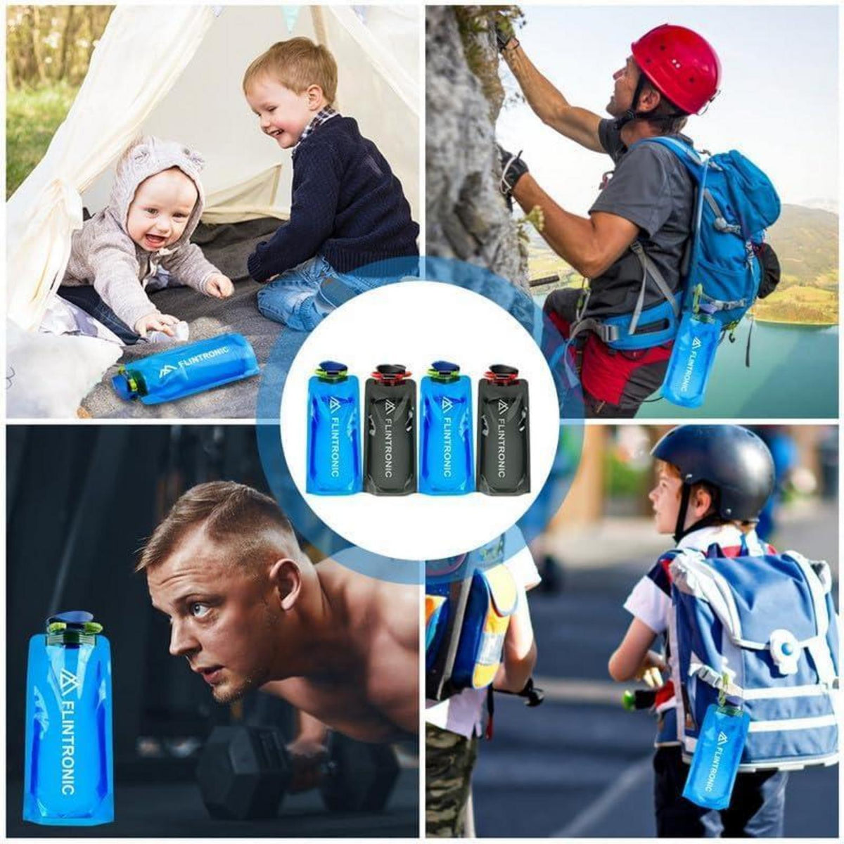 Faltbare Trinkflasche 700ML BPA-frei mit Clip für Outdoor (Schwarz+Blau) 4 Stück