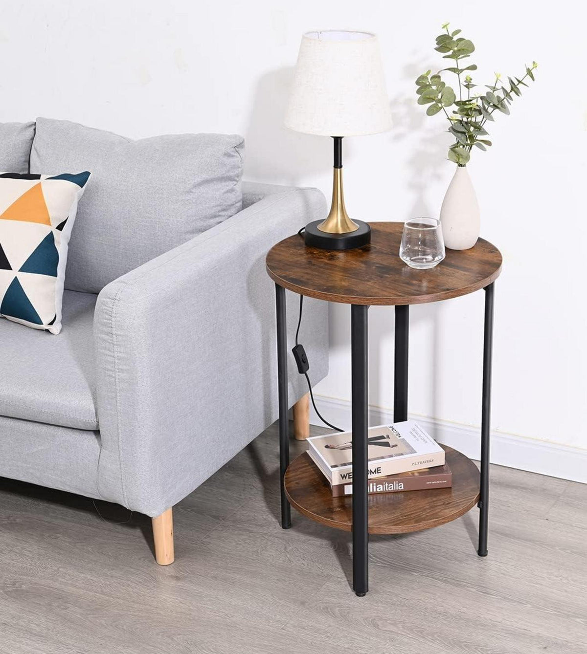Moderne Runder Beistelltisch 2 Ebenen Holz Metall Schwarz industriestyle Sofa Wohnzimmer