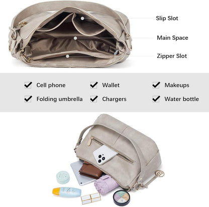 Damen Schultertasche Hobo Handtasche PU Leder Mittelgroße Henkeltasche Grau
