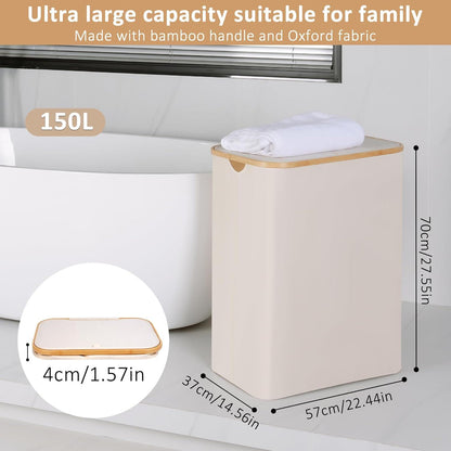 iEGrow 150L XL Wäschekorb mit Bambusgriff und Deckel Blau