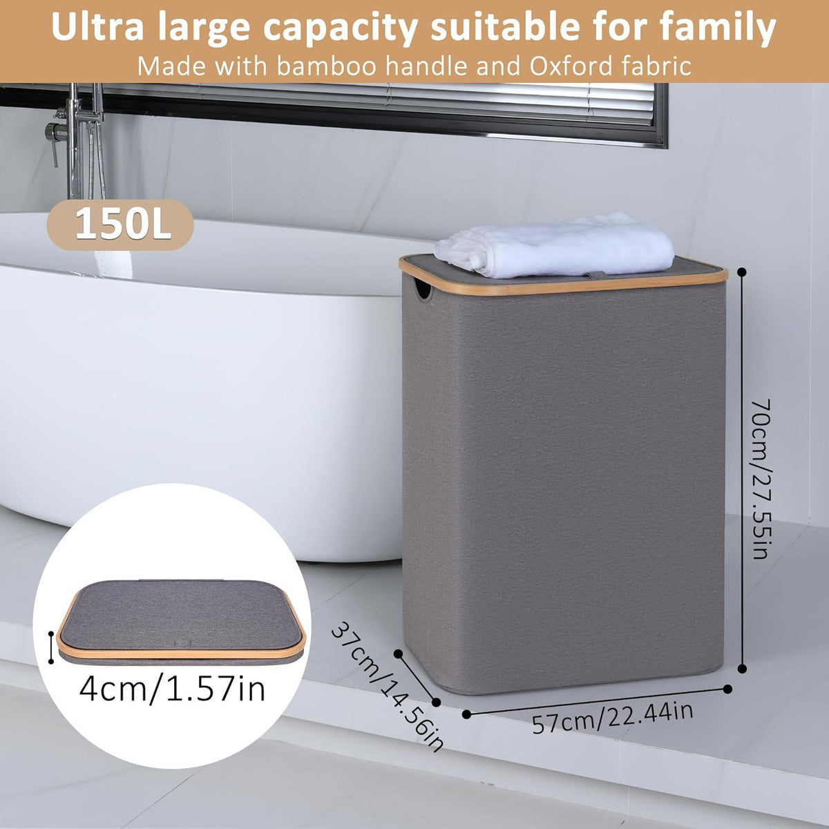 iEGrow Wäschekorb 2 Fächer 150L Grau mit Deckel und Griff