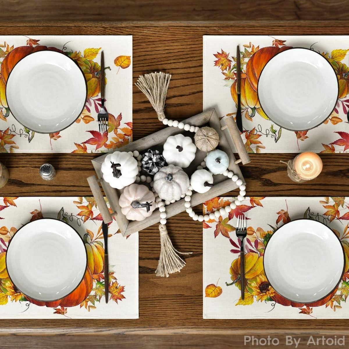 Herbstliche Platzsets mit Kürbissen und Sonnenblumen 6er Set 30x45cm