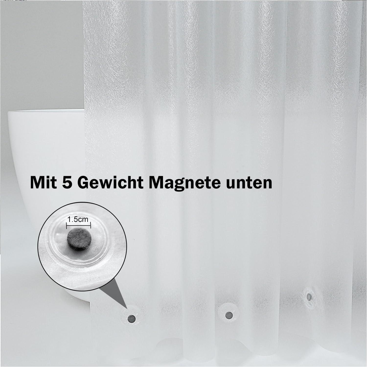 Transparenter Duschvorhang 180x200 mit 5 Magneten, 12 Haken - Weiß - Wasserdicht & Anti-Schimmel