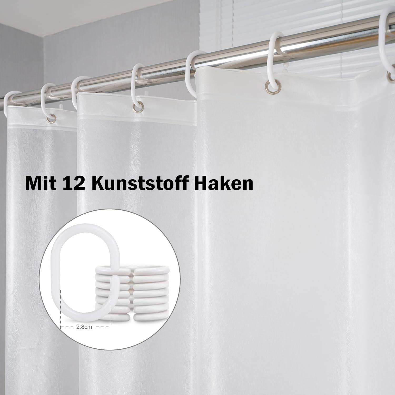 Duschvorhang 180x200 Transparent Weiß, Wasserdicht mit Magneten & Haken