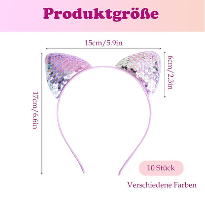 Katzenohren Haarreif Set Glitzer Metall 10 Stück Mädchen