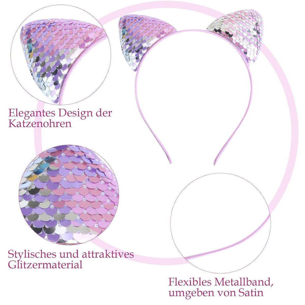 Glitzer Katzenohren Haarreif Set Pailletten Cat Ears Stirnbänder