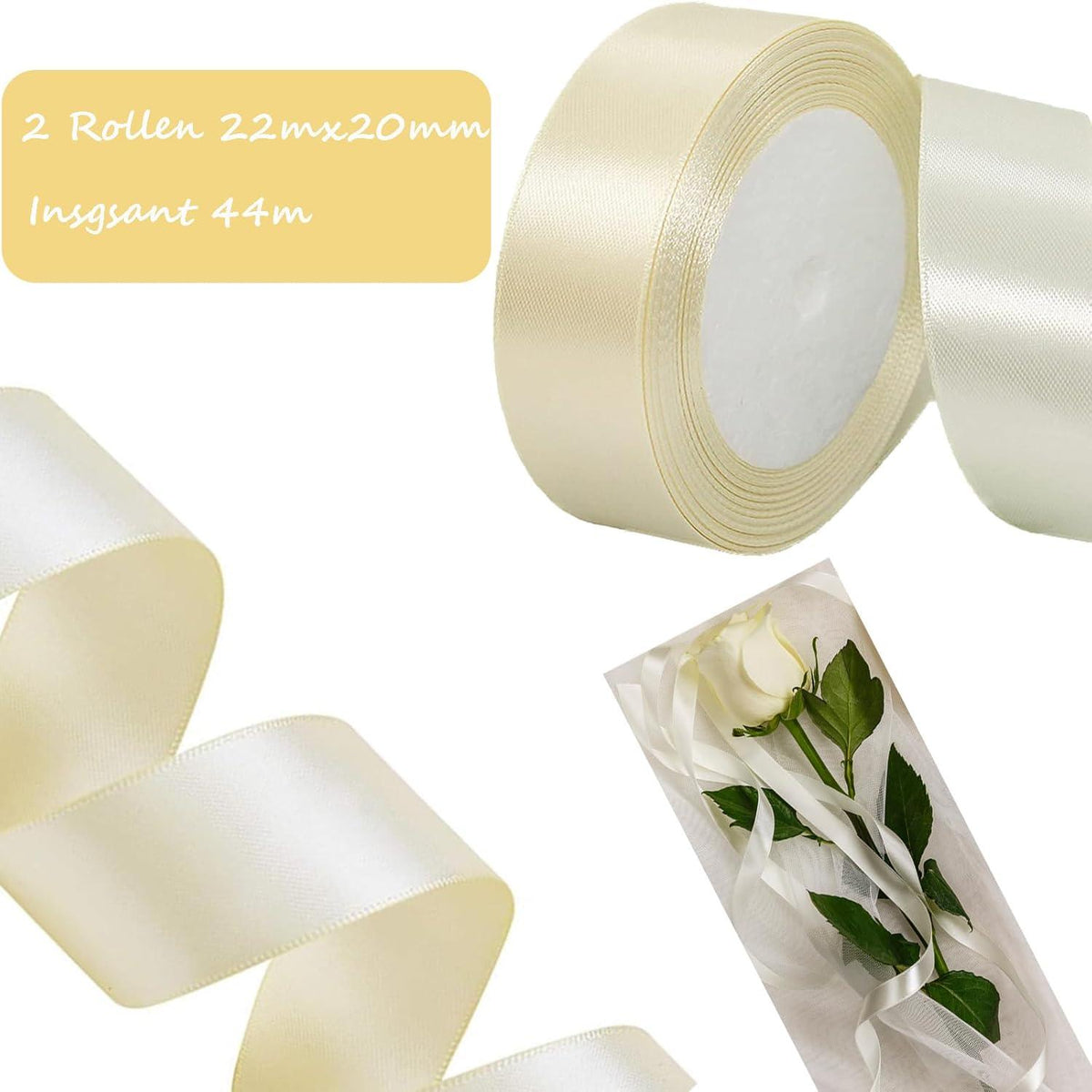 Premium Satinband Beige 44m - Breit 20mm Hochzeit Deko Taufe