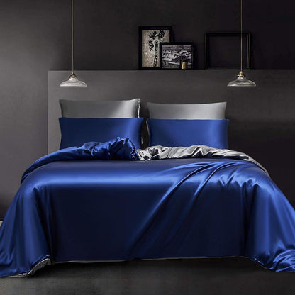 Satin Bettwäsche Set 135x200 Blau Dunkelgrau 4-teilig