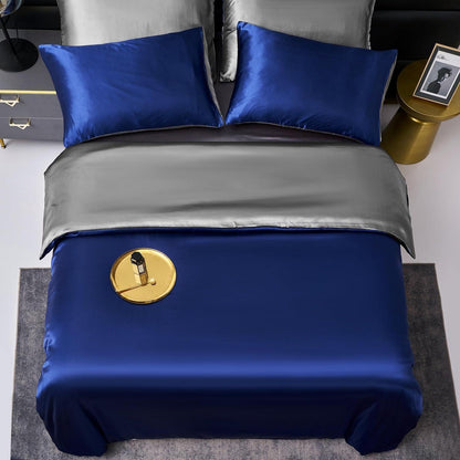 Satin Bettwäsche Set 135x200 Blau Dunkelgrau 4-teilig