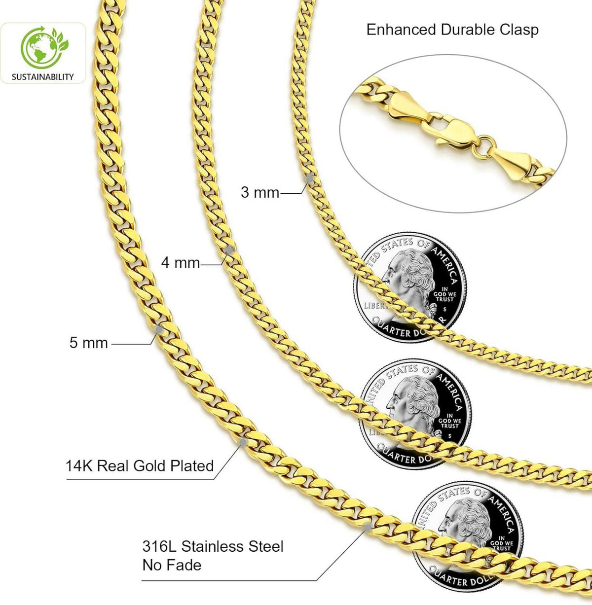KRKC&CO Herren Edelstahl Panzerkette 14K Gold Vergoldet 3mm 55.9cm