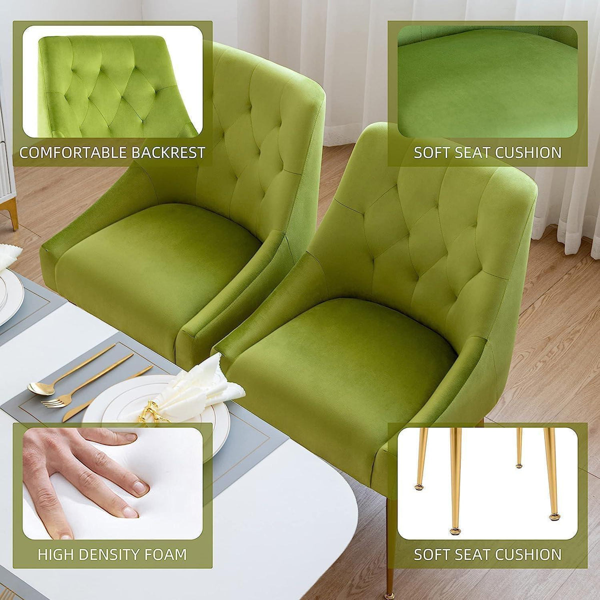 Samt Esszimmerstühle 6er Set – Modern & Bequem (Gelbgrün)
