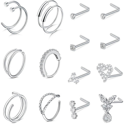 Nasenpiercing Set 316L Chirurgenstahl 20G L-Form & Ringe Silber Gold
