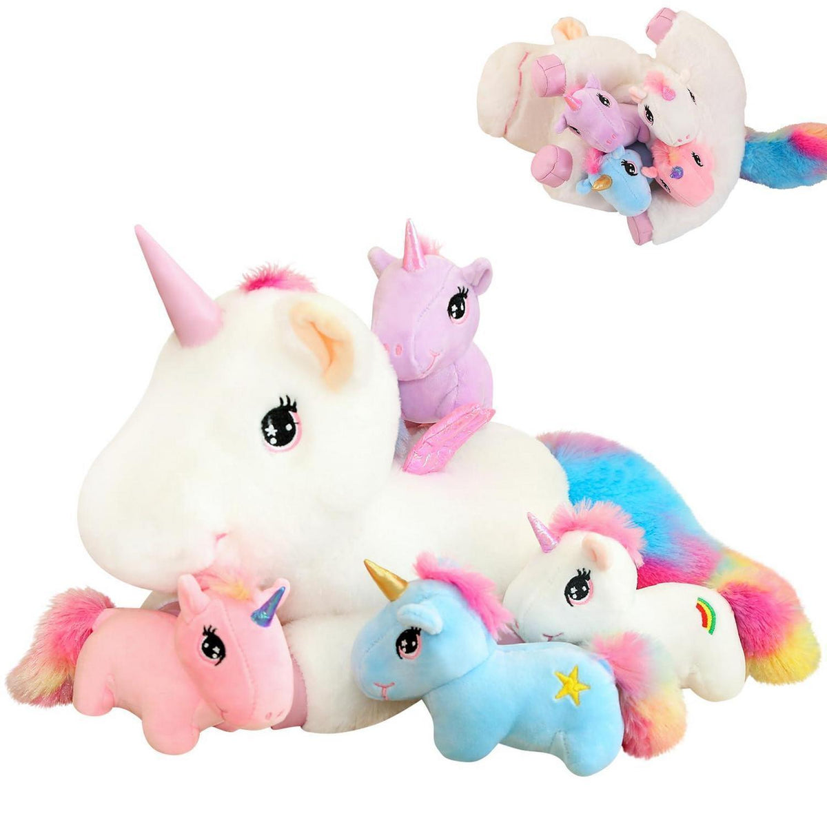 Einhorn Plüschkissen mit Babys & Flügeln - Kuscheliges Spielzeug