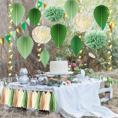Party Deko Set grün gold - Blumenbälle Tassel Girlande Wimpel