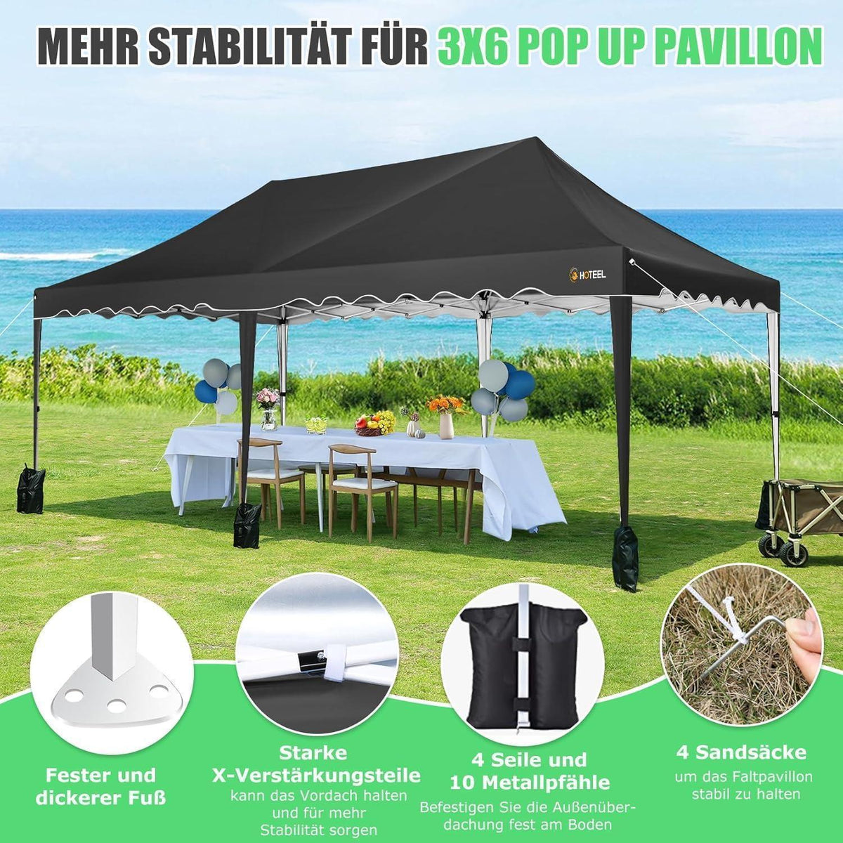 Faltpavillon 3x6 mit Seitenwänden – Wasserdicht & Stabil
