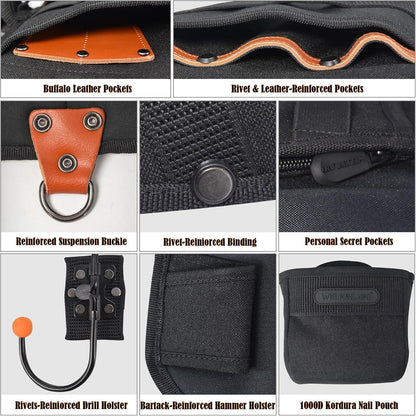 Leder Werkzeugweste Herren mit 33 Taschen, verstellbar, Schwarz, L