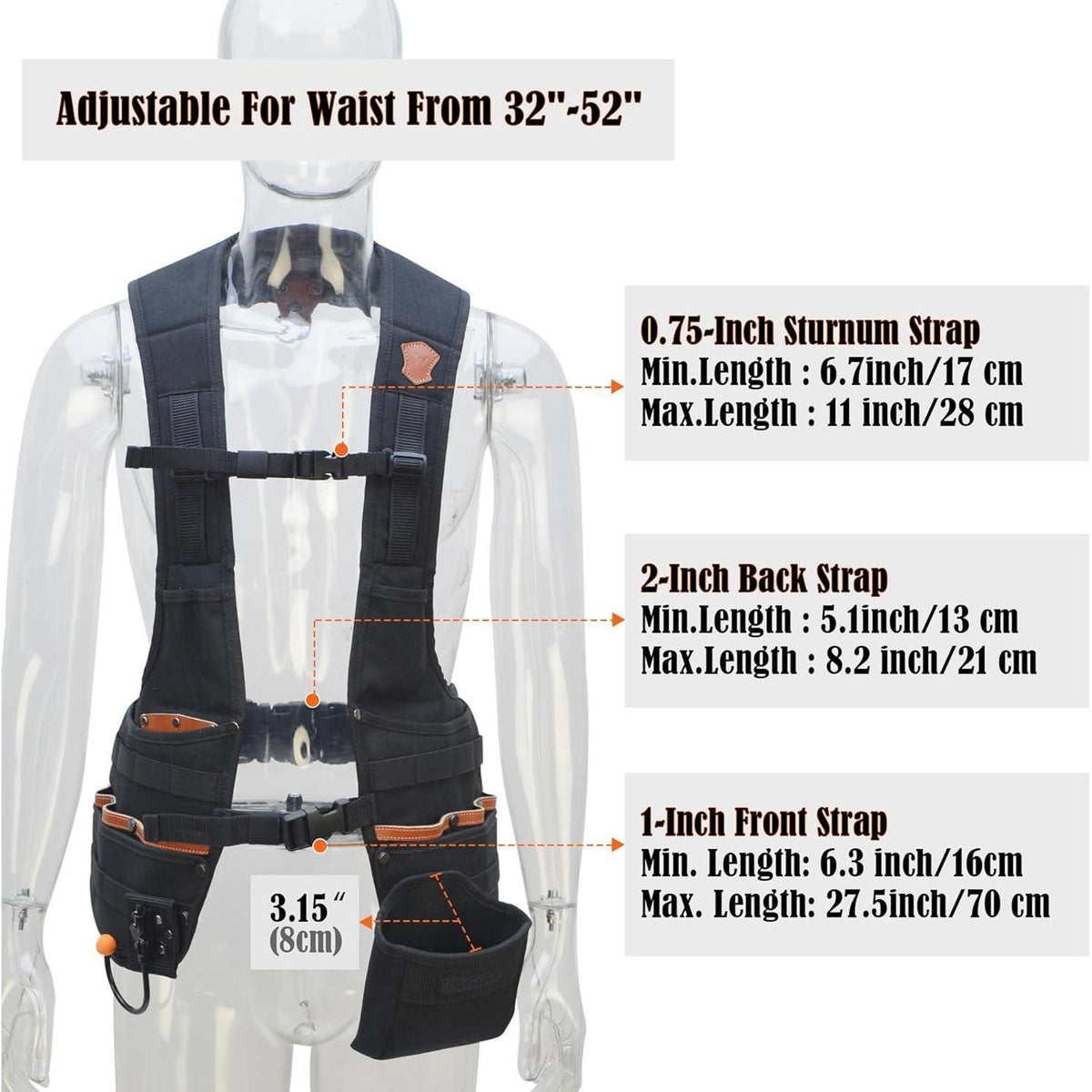 Leder Werkzeugweste Herren mit 33 Taschen, verstellbar, Schwarz, L