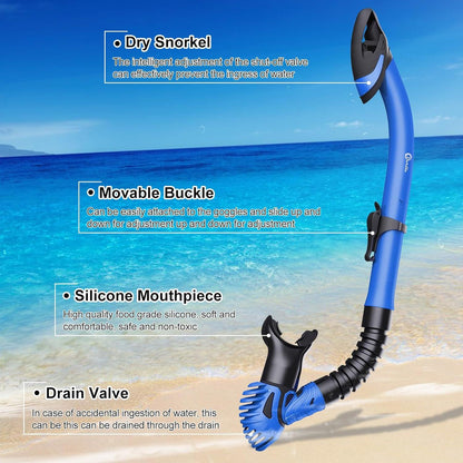 Dorlle Schnorchelset Erwachsene Premium Dry Schnorchel Gehärtetes Glas 180° Panorama Anti-Fog Anti-Leck Tauchmaske Blau