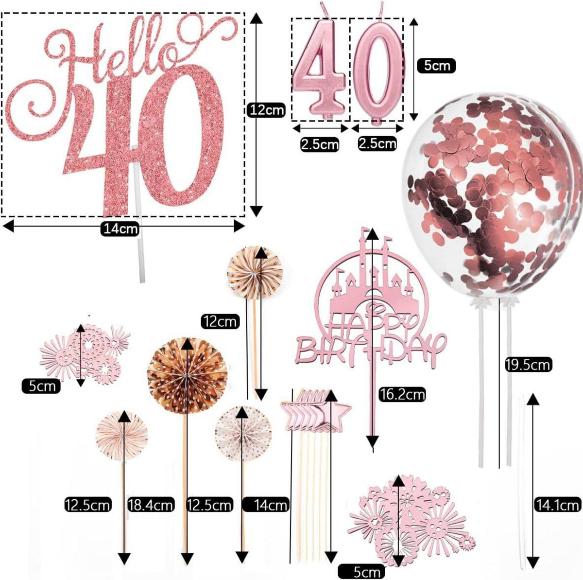 Roségold 40. Geburtstag Tortendeko Set 17 Pcs Cake Topper