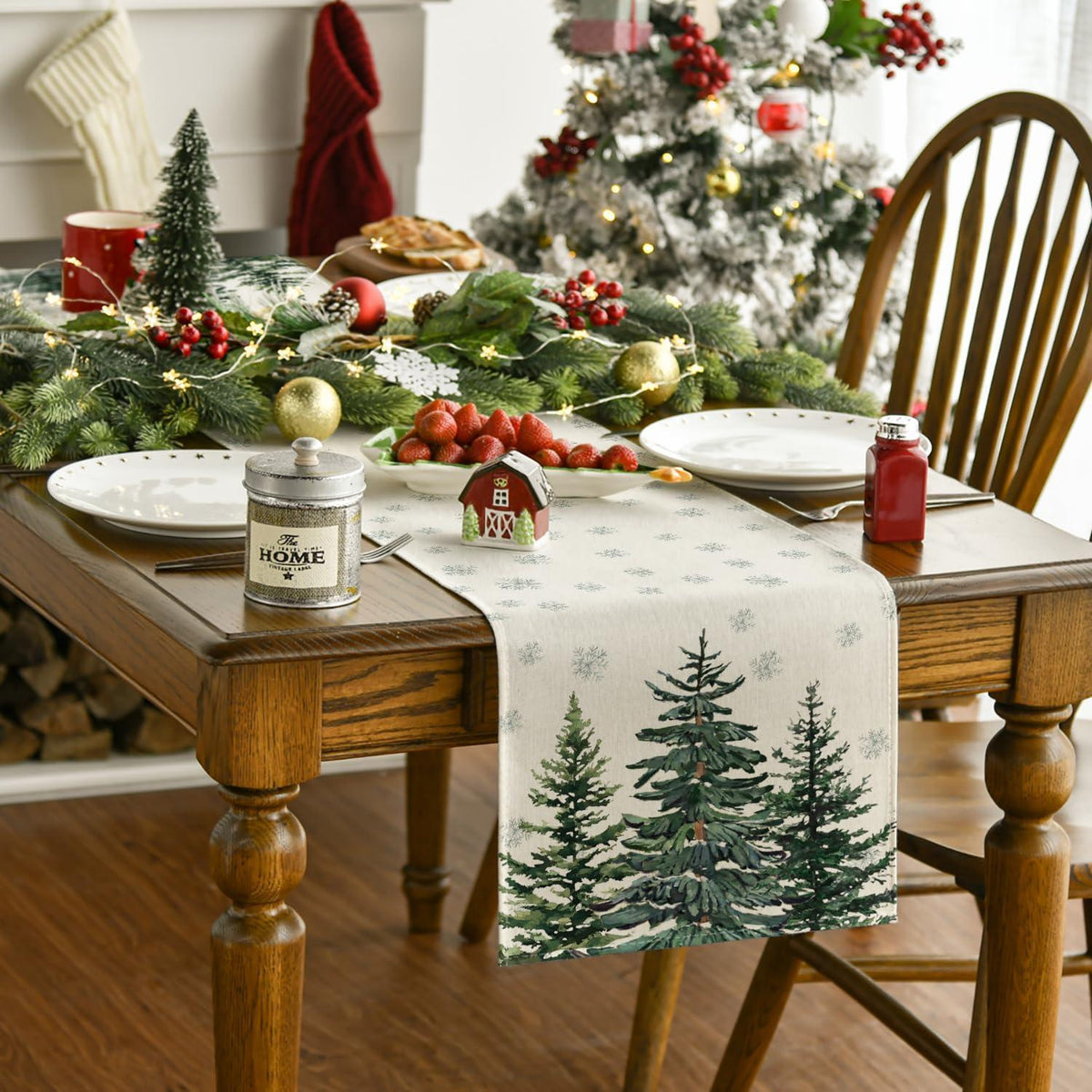 Tischläufer Kiefern Schneeflocken Weihnachten Beige 40x180 cm