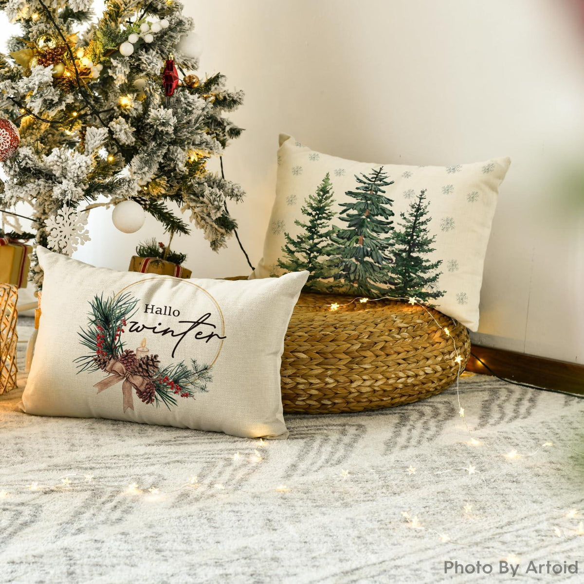 Weihnachtliche Kissenbezüge 4er Set - Holly, Kiefernzapfen, Rentier