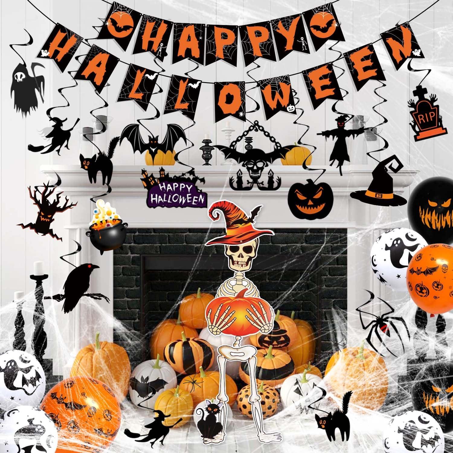 Halloween Deko Set Girlande Spiralen Skelett Luftballons Spinnennetz