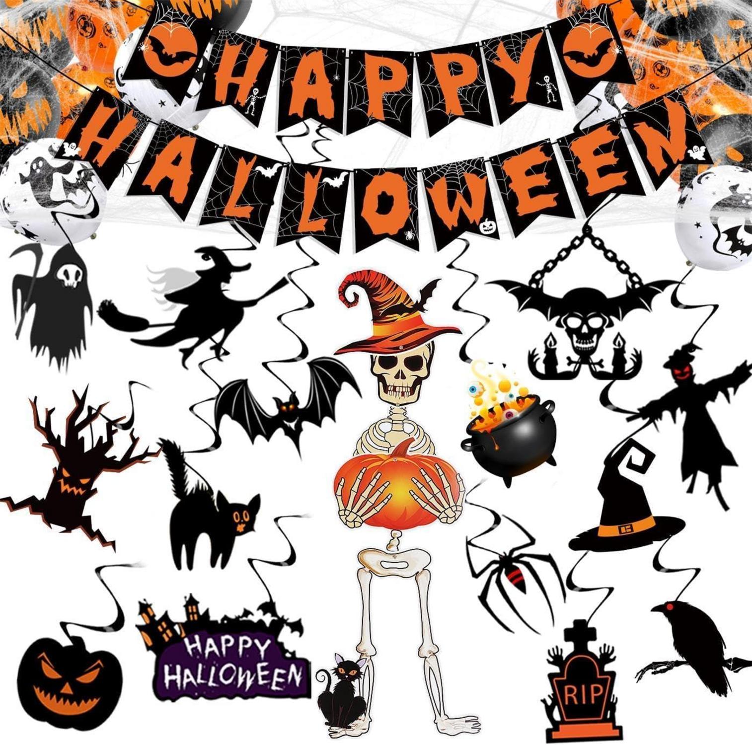 Halloween Deko Set Girlande Spiralen Skelett Luftballons Spinnennetz