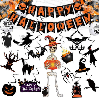 Halloween Deko Set Girlande Spiralen Skelett Luftballons Spinnennetz