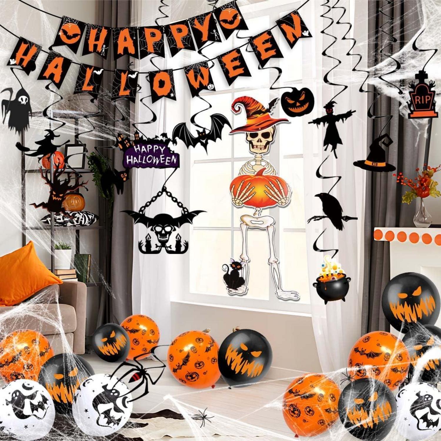 Halloween Deko Party Set Gruselig Spiralen Luftballons Skeleton Spinnennetz