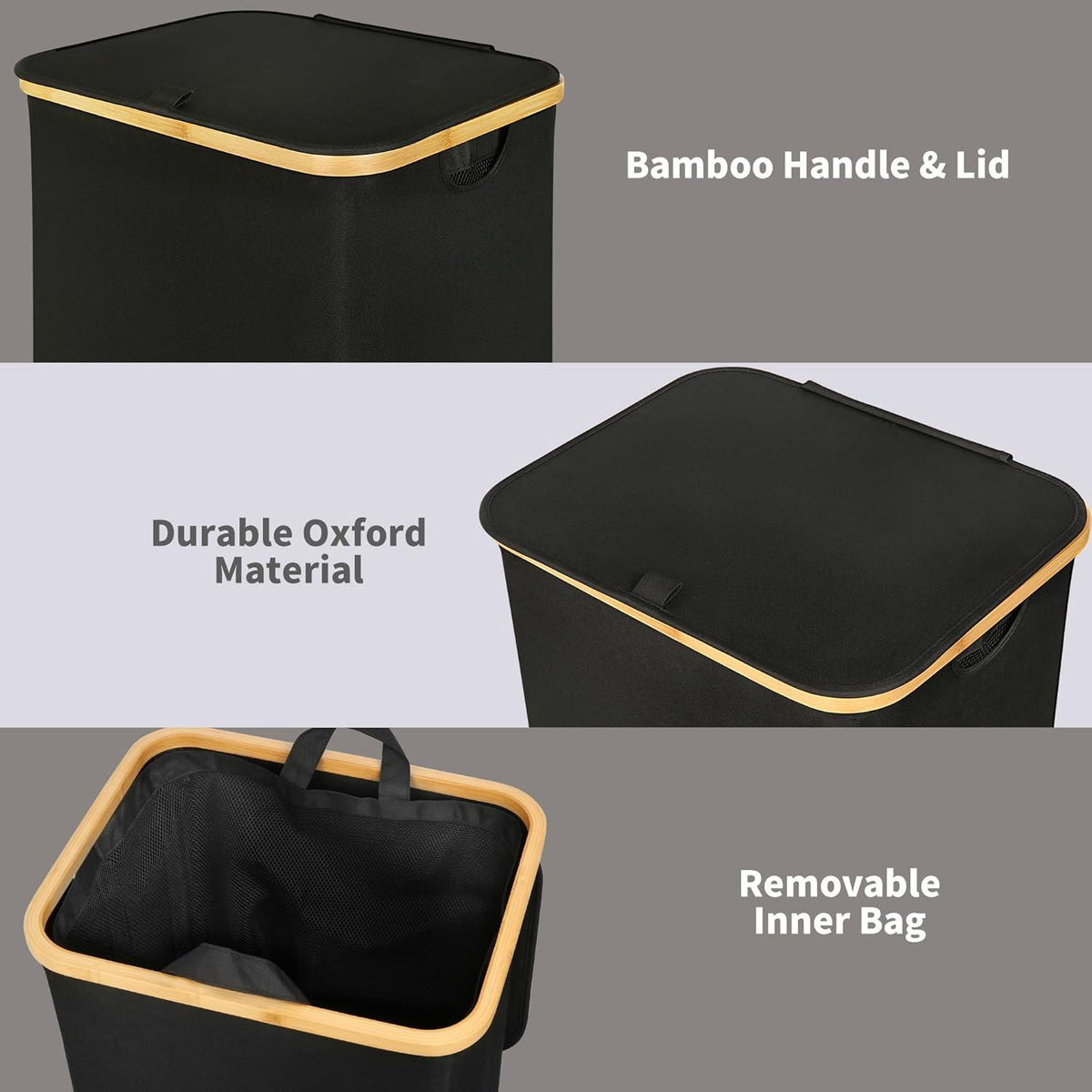 XXL Wäschekorb mit Deckel 120 Liter Schwarz Bambus Henkel faltbarer Laundry Basket