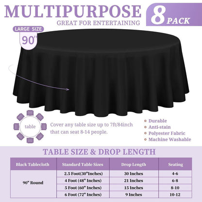8x Schwarze Runde Tischdecken 229cm – Polyester, Waschbar
