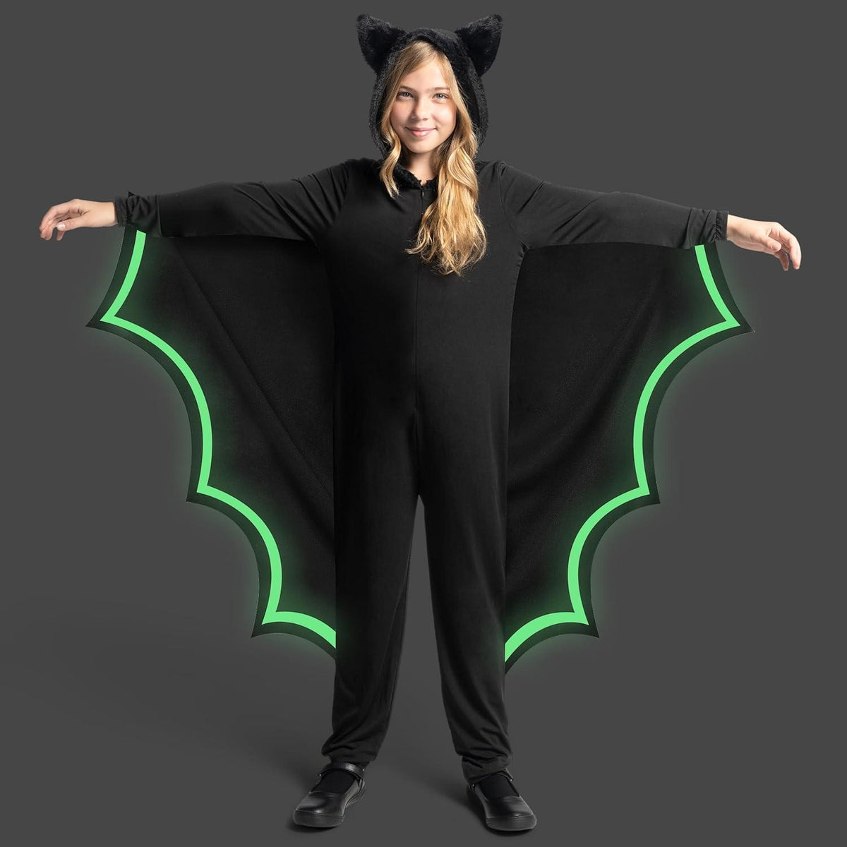 Kinder Fledermaus Kostüm mit Flügeln und Kapuze, Gr. L