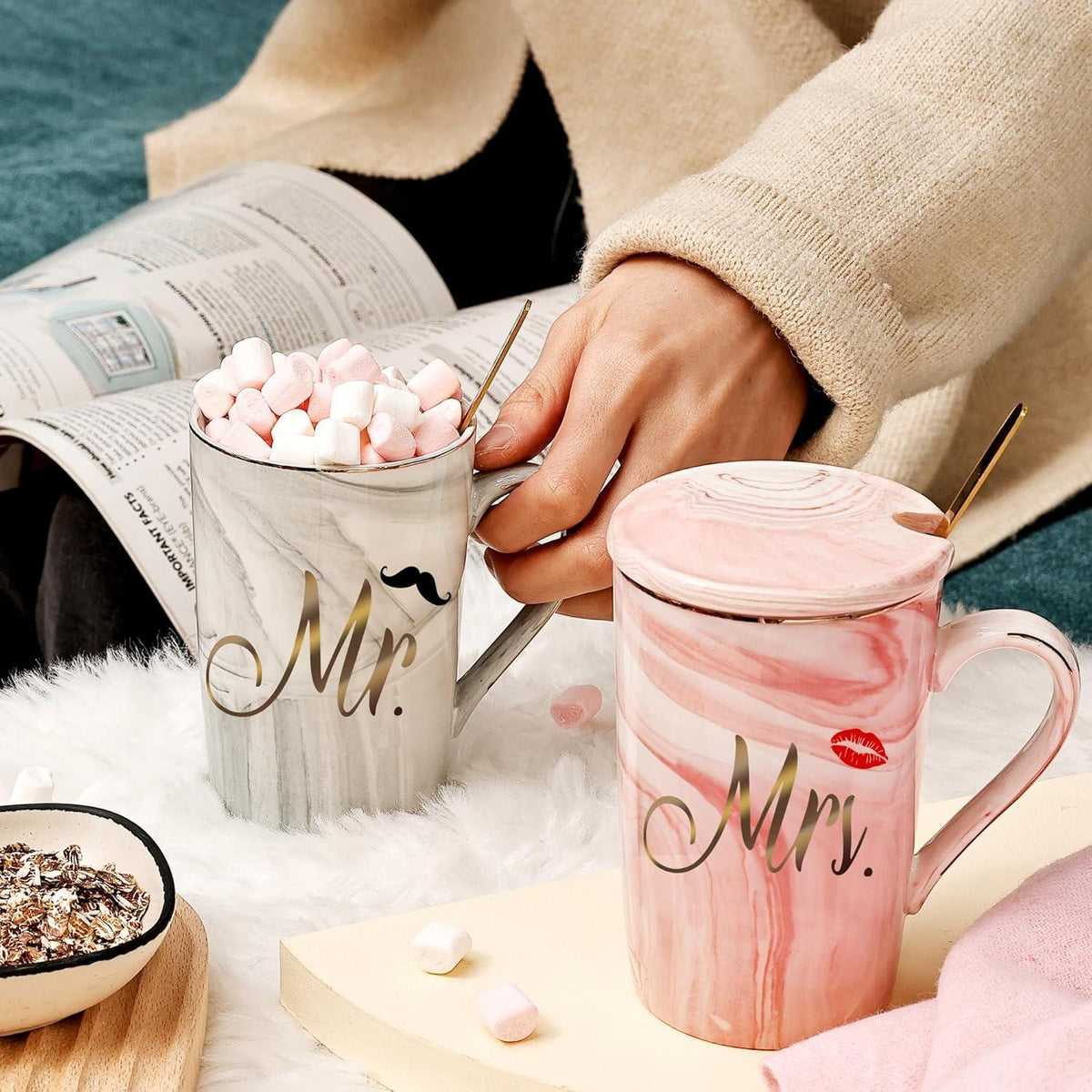 Mr. und Mrs. Kaffeebecher Set Hochzeitsgeschenk Marmor Tasse 420ML