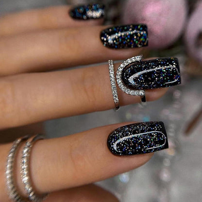 24 Stück Eckige Schwarze Glitzer Press on Nägel mit Nagelkleber