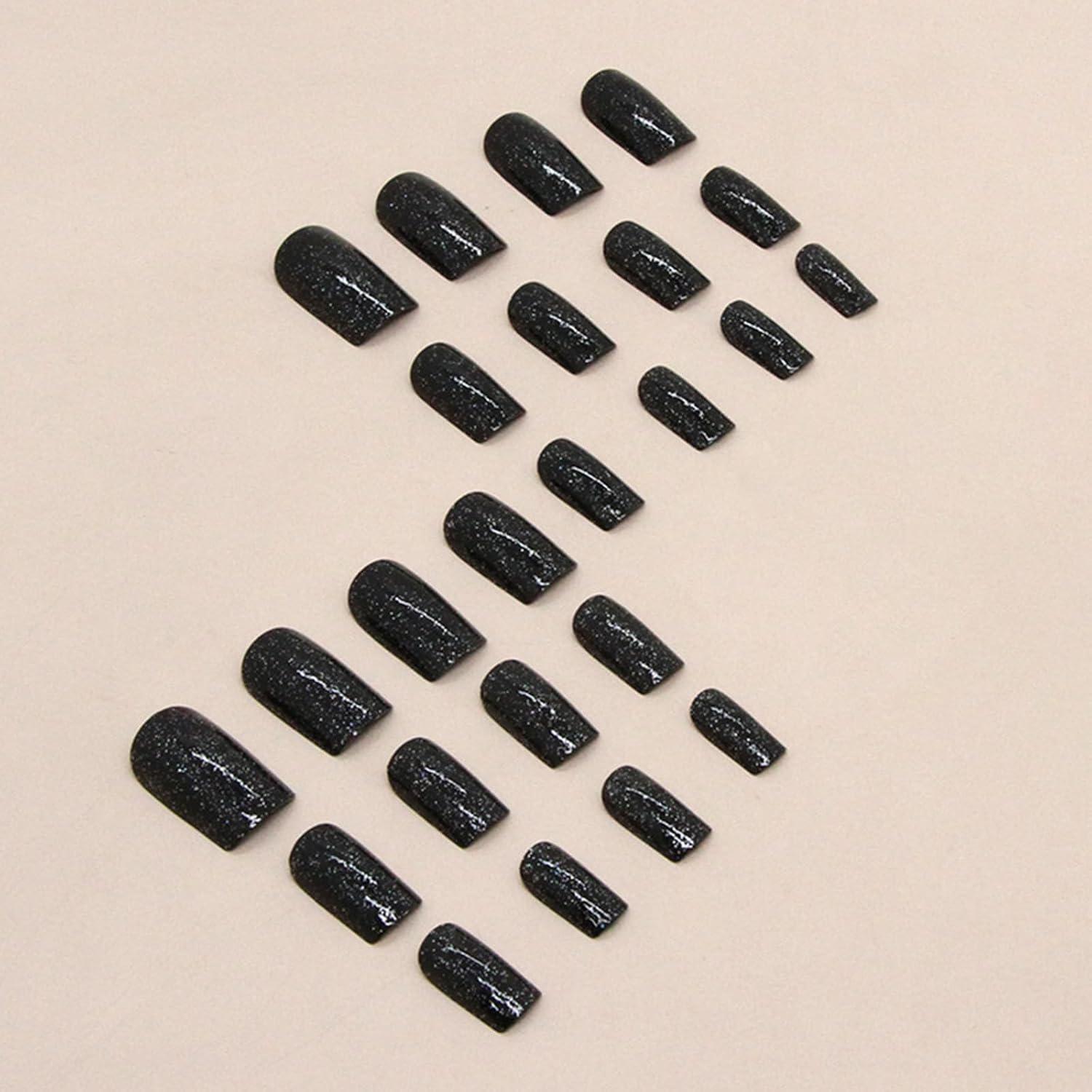 24 Stück Nägel Zum Aufkleben Schwarz Glitzer Kurz, Acryl Falsche Nägel mit Nagelkleber Und Aufkleber, Wiederverwendbare Press on Nails