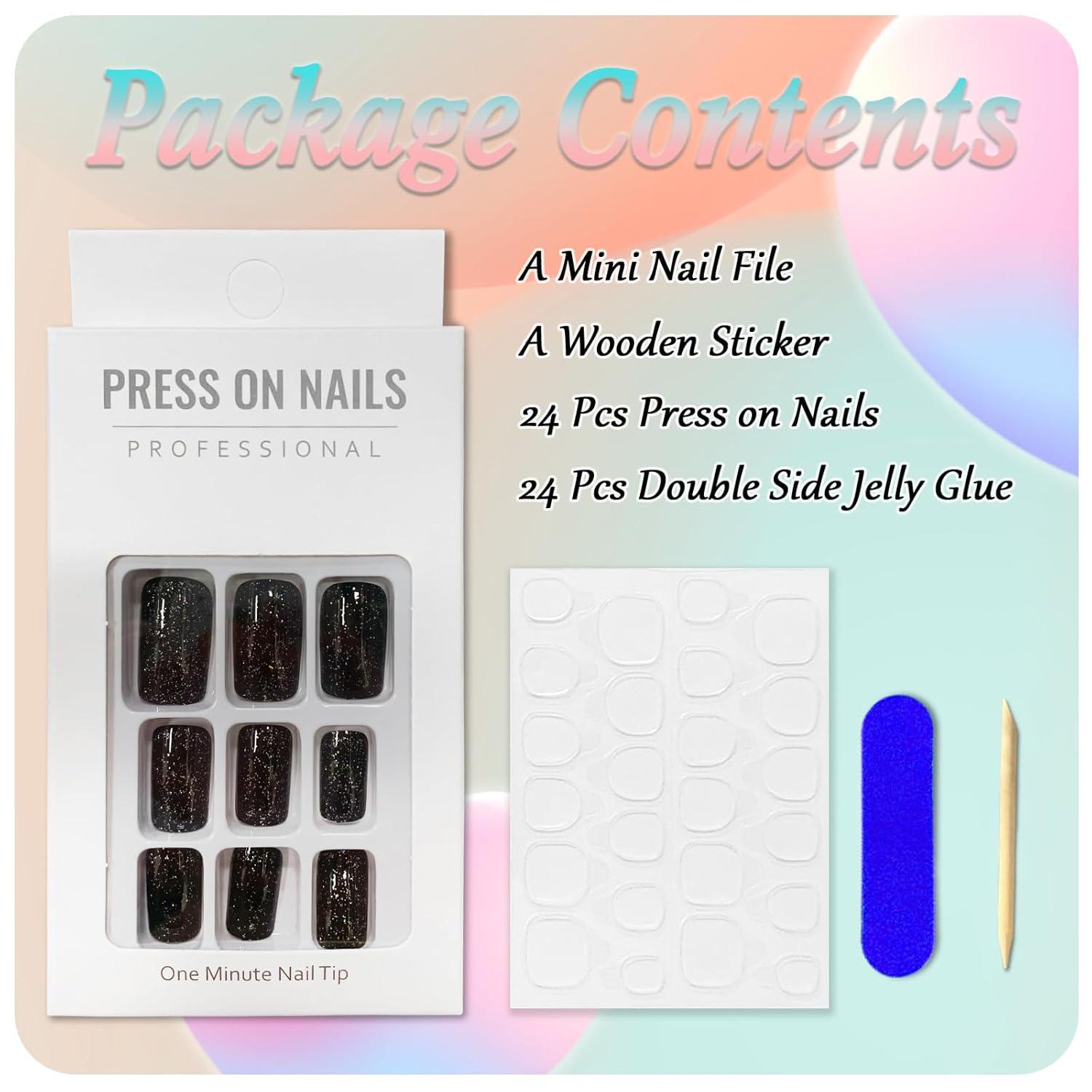 24 Stück Glitzer Schwarz Eckige Kunstnägel Press on Nails Nagelkleber