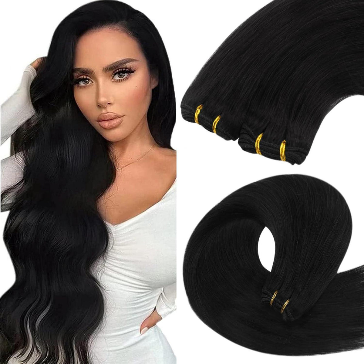 Echthaar Tressen Schwarz 45cm - 100g Weft Hair Extensions