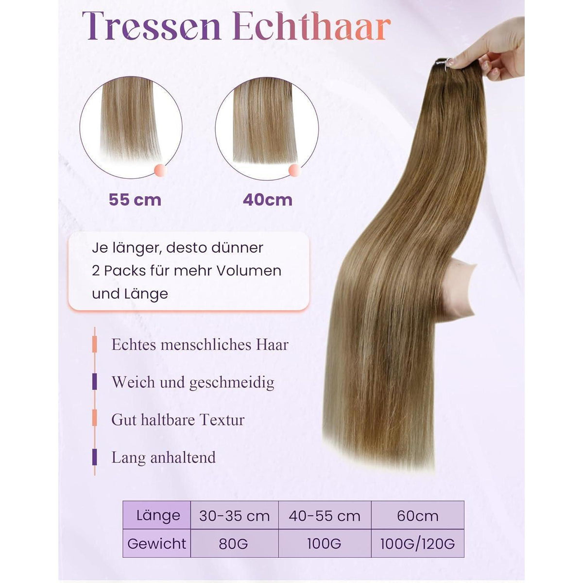 Echthaar Tressen zum Einnähen Braun Blond 55cm