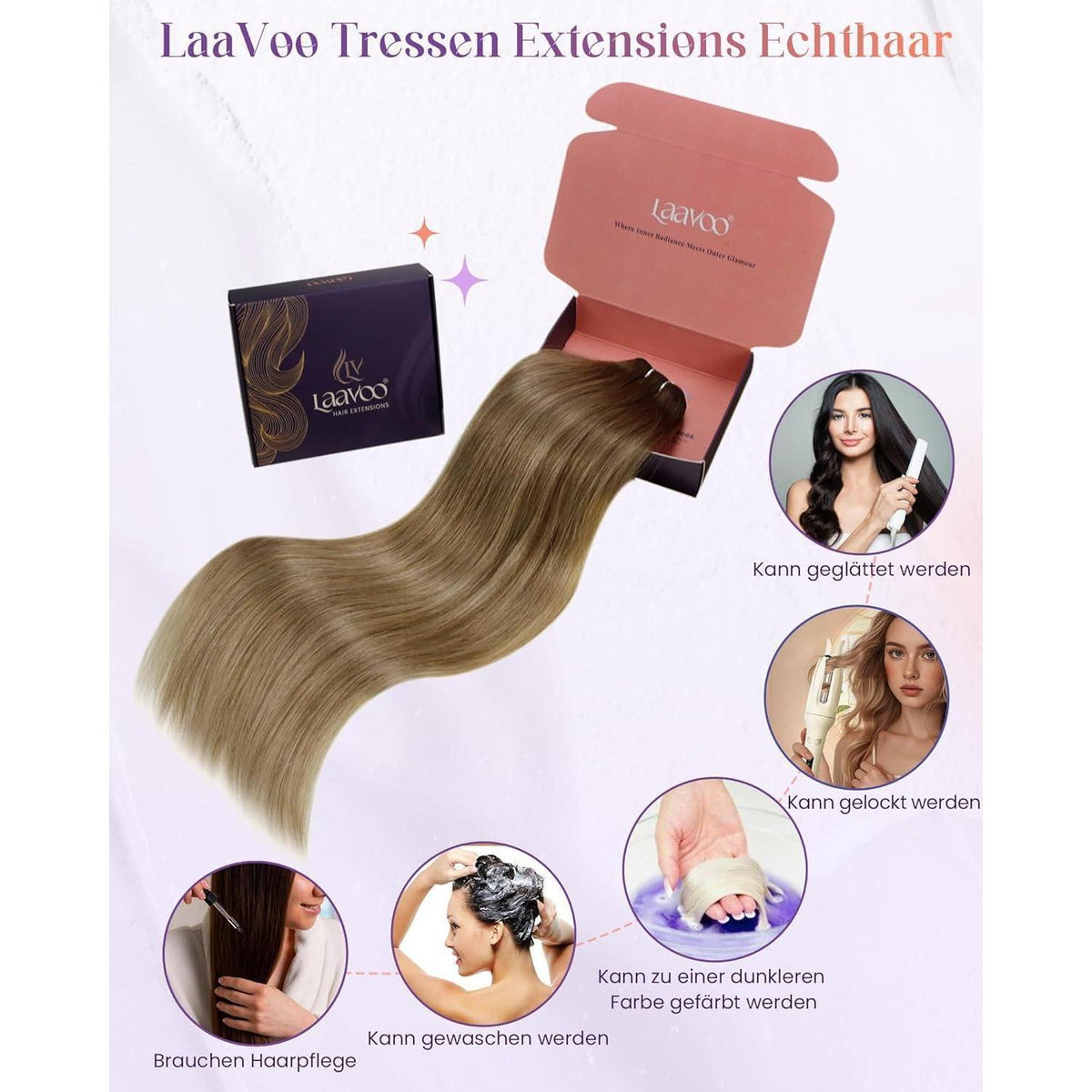 Echthaar Tressen zum Einnähen Braun Blond 55cm