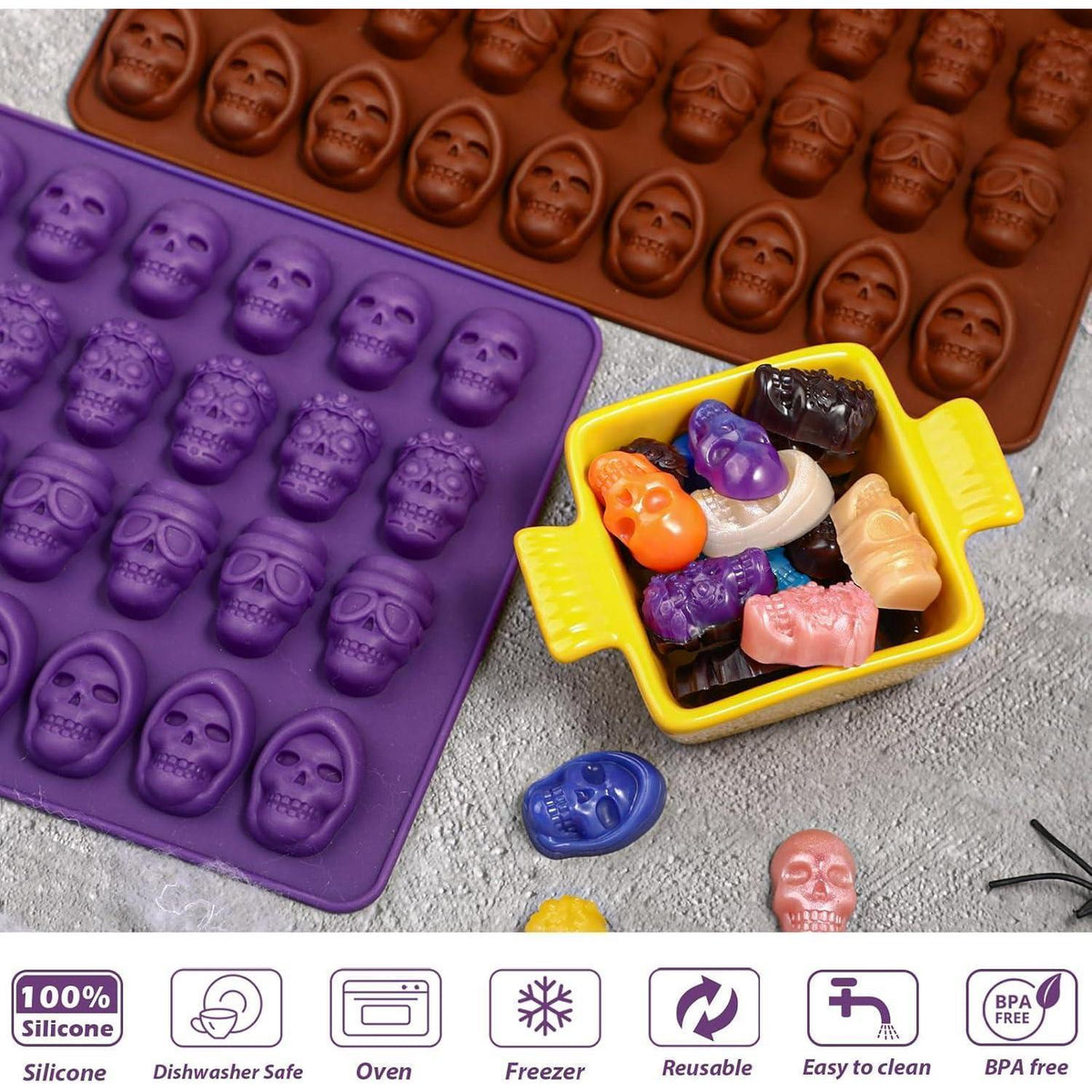 Totenkopf Silikonform 2er-Set – Halloween Backform für Süßigkeiten
