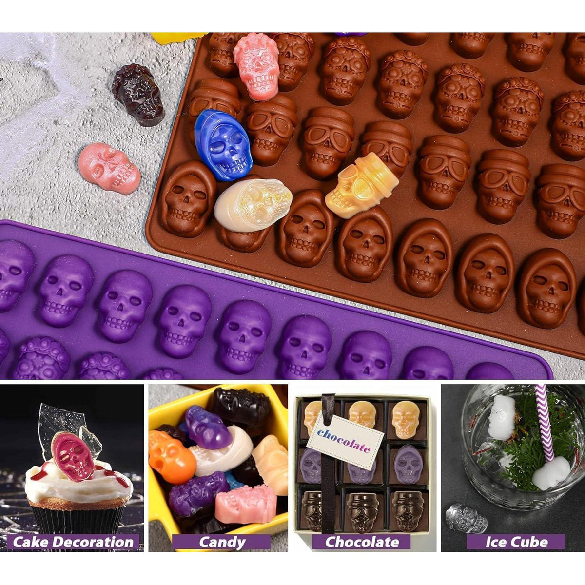 Totenkopf Silikonform 2er-Set – Halloween Backform für Süßigkeiten