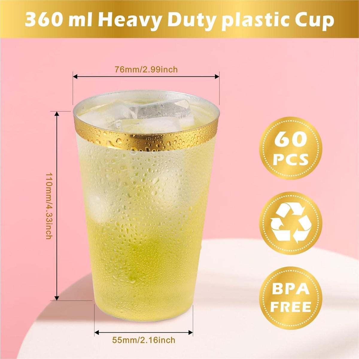60er Pack Kunststoffbecher 360ml Partybecher goldener Rand