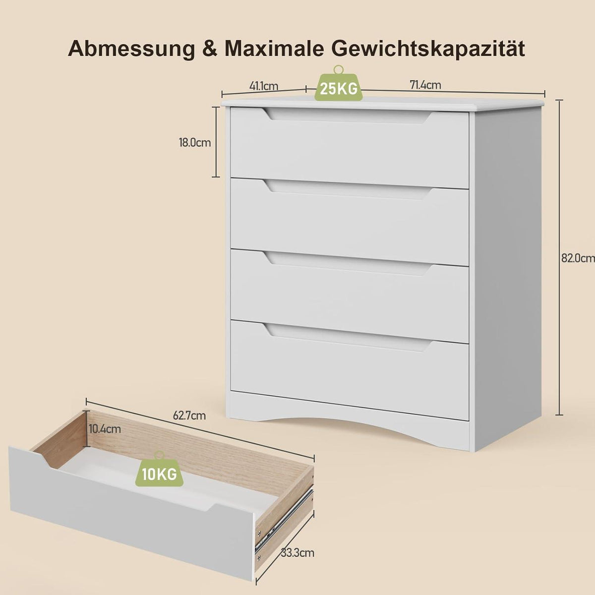 Weiße Kommode mit 4 Schubladen – Schlafzimmer Schrank mit Kippsicherung