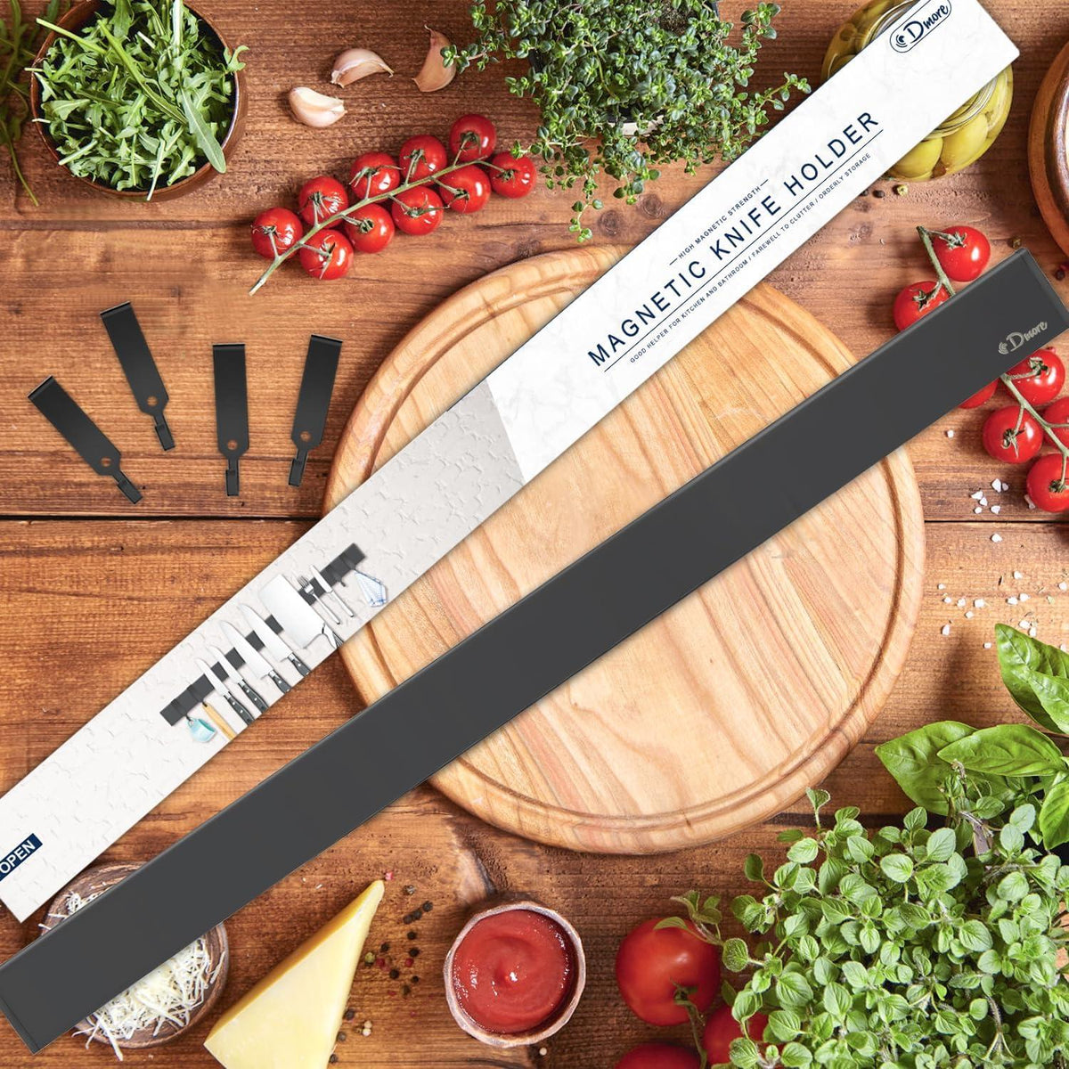 Magnetleiste Messer 59cm mit 4 Haken, Edelstahl Schwarz